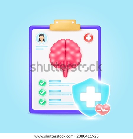 Medical document form board. Brain check up list for health doctor. Symbol cross in shield, red heart pulse line with check mark green button. Health care concept. 3d icon cartoon vector render