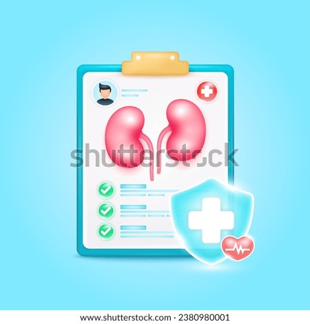 Medical document form board. Kidney organ check up list for health doctor. Symbol cross in shield, red heart pulse line with check mark green button. Health care concept. 3d icon cartoon vector render