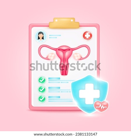 Medical document form board. Female uterus check up list for health doctor. Symbol cross in shield, red heart pulse line with check mark green button. Health care concept. 3d icon cartoon vector.