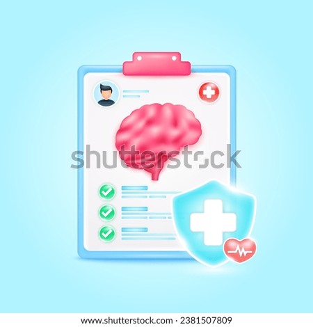 Medical document form board. Brain organ check up list for health doctor. Symbol cross in shield, red heart pulse line with check mark green button. Health care concept. 3d icon cartoon vector render