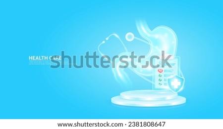 Stethoscope surrounded the stomach and symbol cross in shield glass. Check mark, red heart pulse in document form board floating on podium. Medical health care. Health insurance concept. Vector EPS10.