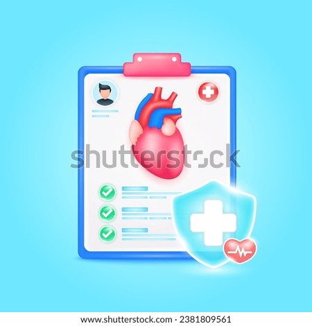 Medical document form board. Heart organ check up list for health doctor. Symbol cross in shield, red heart pulse line with check mark green button. Health care concept. 3d icon cartoon vector render