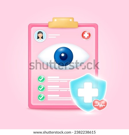 Medical document form board. Eye check up list for health doctor. Symbol cross in shield, red heart pulse line with check mark green button. Health care concept. 3d icon cartoon vector render