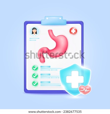 Medical document form board. Stomach check up list for health doctor. Symbol cross in shield, red heart pulse line with check mark green button. Health care concept. 3d icon cartoon vector render