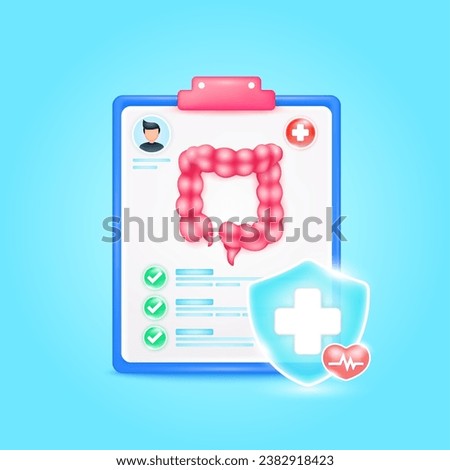 Medical document form board. Intestine organ check up list for health doctor. Symbol cross in shield, red heart pulse line with check mark green button. Health care concept. 3d icon cartoon vector.