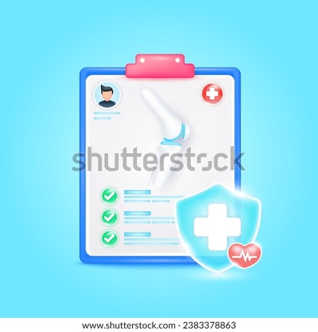 Medical document form board. Knee joint bone check up list for health doctor. Symbol cross in shield, red heart pulse line with check mark green button. Health care concept. 3d icon cartoon vector.