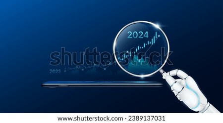 Robot holding magnifying glass look chart stock market growth 2024. Analysis candlestick with AI technology up trend of graph on smartphone. Planning business strategy financial investment. Vector.