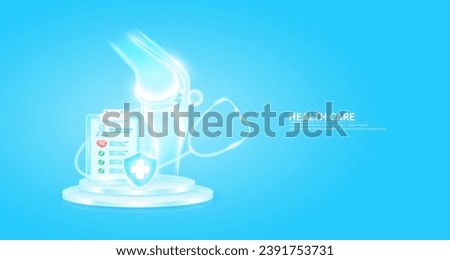 Stethoscope surrounded the knee joint bone and symbol cross in shield glass. Check mark, heart pulse in document form board floating on podium. Medical health care. Health insurance concept. Vector.