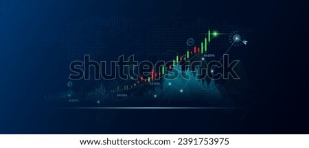 Chart stock market green red on dark blue background. Planning business strategy financial investment. Analysis candlestick with AI technology up trend of graph growth. Banners for advertising. Vector