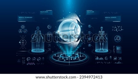 Eyeball health care technology with scan virtual interface hologram style. X ray and MRT human body examination. Medical diagnostic with HUD, UI, GUI. Analysis in futuristic laboratory. Vector EPS10.