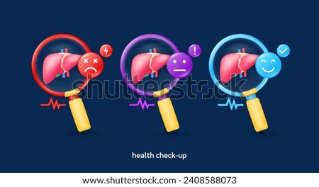 Liver in magnifying glass looking diagnose with icon sadly face worried and smiling. Pulse, thunder, exclamation, check mark. Medical health care check up. 3d organ anatomy cartoon vector.