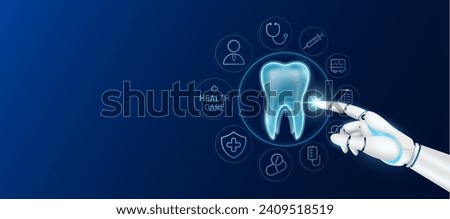 Innovative technology in health care futuristic. Doctor robot cyborg finger touching tooth with medical icons. Human organ virtual interface. Ads banner empty space for text. Vector.