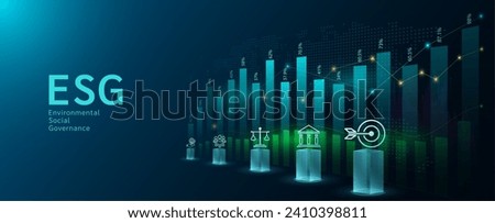 Icons ESG of Environmental, Social, Governance and chart stock market. Sustainable corporation development and planning business strategy. Analysis up trend of graph growth. Banner vector.