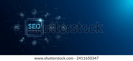 SEO letters in microchip processor circuit board and icon Search, Engine, Optimize. Corporation development and planning business strategy. Space for text banner. Innovative technology digital. Vector