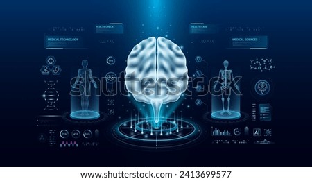 Brain health care technology with scan virtual interface hologram style. X ray and MRT human body examination. Medical diagnostic with HUD. Analysis in futuristic laboratory. Vector EPS10.