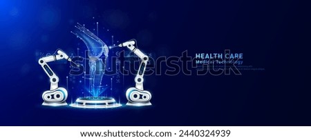 Robot arms operating healing knee joint bone on the podium. Robotic surgery. Machine surgeon in health care and diagnose disease. Modern medical technologies innovation concept. Banner vector EPS10.