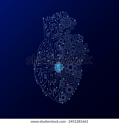 Gear engineering cogwheel and electronic circuit in form heart human. Innovation propulsion health care medical technology futuristic.  Mechanical digital organ on dark blue background. Vector EPS10.