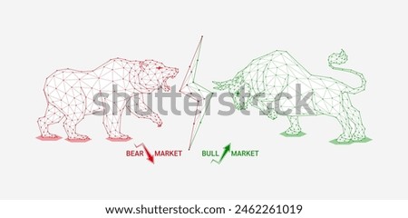 Bullish and bearish symbols of stock market trends arrow down and up. Red bear VS green bull shapes polygon facing each other. Analysis business strategy financial investment. Banner vector.