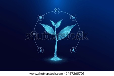 Seedling growing from polygon fertile ground on electronic circuit board. With icon Oxygen Carbon Dioxide Water H2O and Cloud, Sun. Agriculture environment industry concept. Vector.