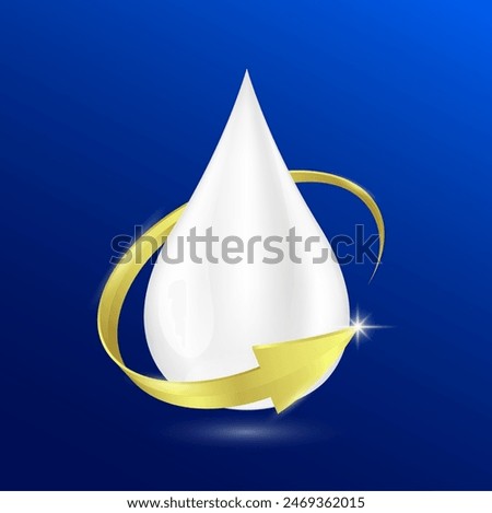 Milk drop surrounded by golden arrows on blue background. Nutrients minerals vitamins and amino acids essential body health. For products design supplement food. 3D Vector EPS10.