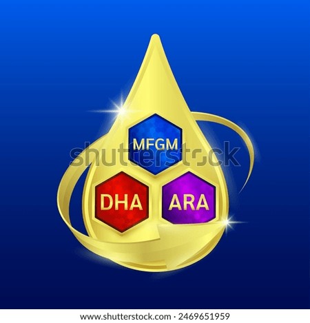 Omega DHA, ARA and MFGM (Milk Fat Globule Membrane) in milk droplets golden surrounded by arrows. Essential nutrients vitamins amino acids for body health. Products design supplement food. Vector.