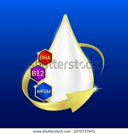 Milk droplets. Vitamin B12, Omega DHA and MFGM (Milk Fat Globule Membrane) surrounded by arrows. Essential nutrients amino acids for body health. Products design supplement food. Vector.