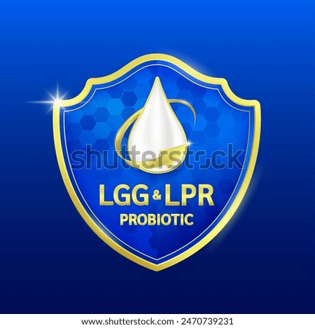 Milk droplets surrounded by gold arrows in shield with Probiotic LPR and LGG. Essential nutrients vitamins amino acids for body health. Products design supplement food. Vector EPS10.