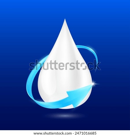 Milk droplets surrounded by blue arrows on dark background for products design supplement food. Essential nutrients amino acids vitamins minerals enhance the body immunity. Vector EPS10.