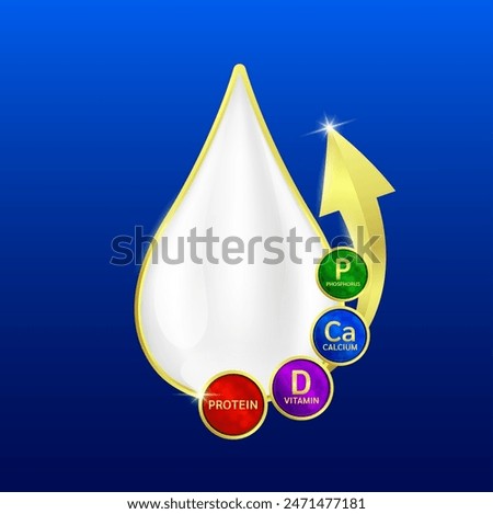 Milk droplets surrounded by gold arrows with Protein Vitamin D Calcium and Phosphorus. Essential nutrients amino acids for body health. Products design supplement food. Vector EPS10.