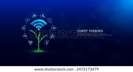 Smart farm applying technology in cultivation agriculture industry. Signal symbols blue wifi on Green seedling corn surround by icon Drone, Windmill, Sun, Tractor and Solar cell. Vector EPS10.