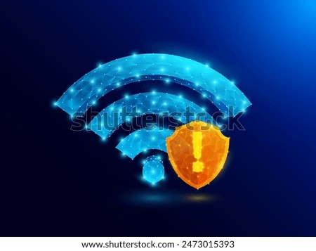 Futuristic blue glowing low polygonal Wi-Fi symbol signal and orange shield with exclamation mark inside. Free internet zone hotspot. Smart wireless networking digital technology innovation. Vector.