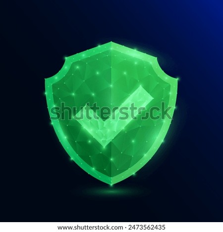 Check mark in green shield glowing  in style polygonal on dark blue background. Symbol approve or safety. Protection concept. Vector EPS10 illustration.