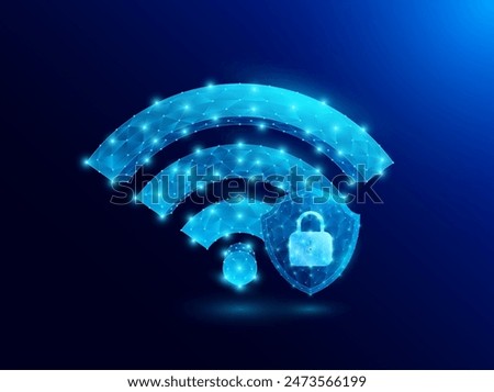 Futuristic blue glowing low polygonal Wi Fi symbol signal and shield with lock inside. Free internet zone hotspot. Smart wireless networking digital technology innovation. Vector EPS10.