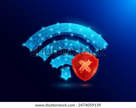 Futuristic blue glowing low polygonal Wi Fi symbol signal and red shield with wrong sign inside. Free internet zone hotspot. Smart wireless networking digital technology innovation. Vector EPS10.