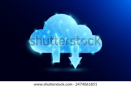 Blue cloud with arrows polygonal futuristic glowing. Storage space symbol and data connection network multiple devices. Smart wireless networking digital technology innovation. Vector EPS10.