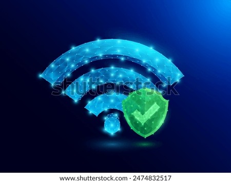 Futuristic blue glowing low polygonal Wi Fi symbol signal and green shield with check mark inside. Free internet zone hotspot. Smart wireless networking digital technology innovation. Vector EPS10.