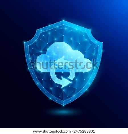 Cloud with arrows rotate circles in shield polygonal futuristic glowing. Information storage safety. Data connection network multiple devices. Smart wireless digital technology innovation. Vector.