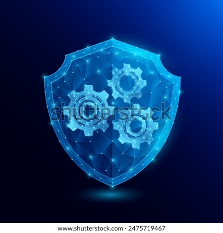 Work safety. Gears or cogwheels in shield polygonal futuristic glowing. Effective workflow of organization. Teamwork, collaboration. Mechanical technology machine engineering industry symbol. Vector.