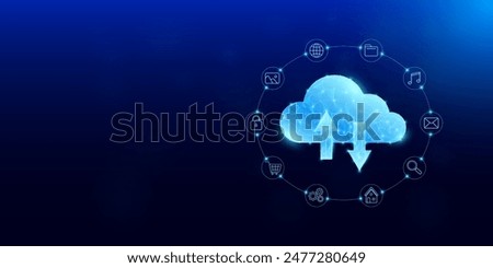 Cloud with arrows rotate polygonal futuristic glowing. Surround social icon. Storage space and data connection network multiple devices. Digital technology innovation. Vector.