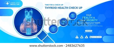 Medical health care check up. Thyroid human in stethoscope frame. Magnifying glass examining organ icon. Template design background banner for medical ads social media editable. Vector.