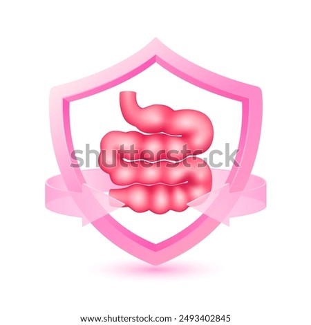 Small intestine human in shield surrounded by pink arrow. Protection symbol health care. Medical science concept. Organ model cartoon style 3d isolated on white background. Vector EPS 10.