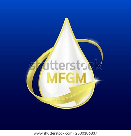 MFGM (Milk Fat Globule Membrane) in milk droplets surrounded by gold arrows. Vitamins and omega DHA. Essential amino acids for body infant health. Products design supplement food. Vector.