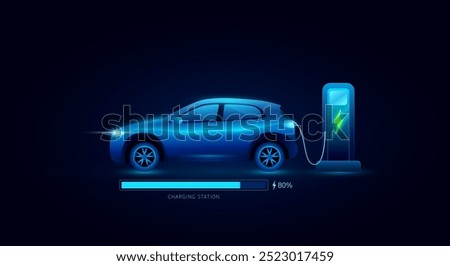 EV Electric vehicle and charging station. Battery at 80 percent status. Alternative to automotive future industry. Environment nature energy technology. Banner vector EPS10.