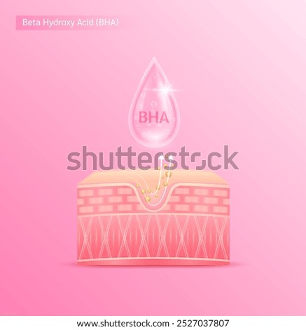 Pink drop serum on skin layer. BHA Beta Hydroxy Acid solution it melts the sebum and blackhead which causes clogged pores. For cosmetics ads. Medical beauty science. Vector EPS10.