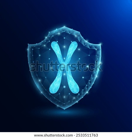 Chromosome X DNA in shield translucent low poly triangle futuristic glowing. On dark blue background. Genetic synthetic biology combined. Immunity protection medical concept. Vector EPS10.