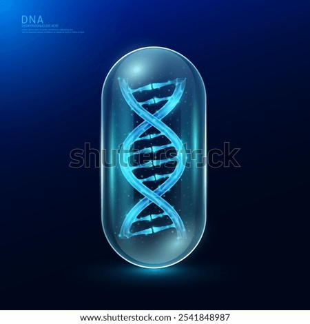 Chromosome DNA or deoxyribonucleic acid in antibiotics drug capsule. Gene double helix blue glowing polygonal. Nucleus cell genetic synthetic biology combined. Medical science vector.