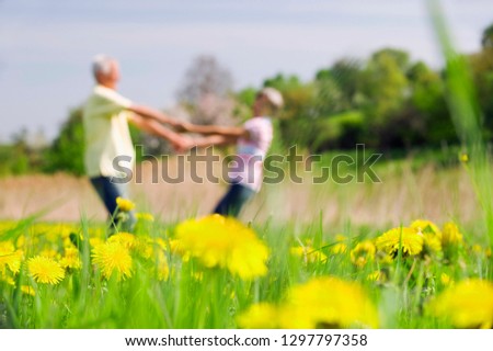 Defocused senior couple holding hands on walk in countryside