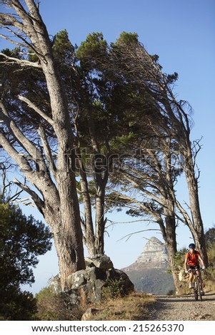 Female mountain biker cycling along tree-lined mountain path, front view