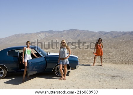 Small group of friends by car in desert, looking at view, elevated view