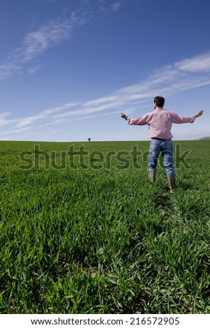 Farmer standing with arms outstretched in young wheat field